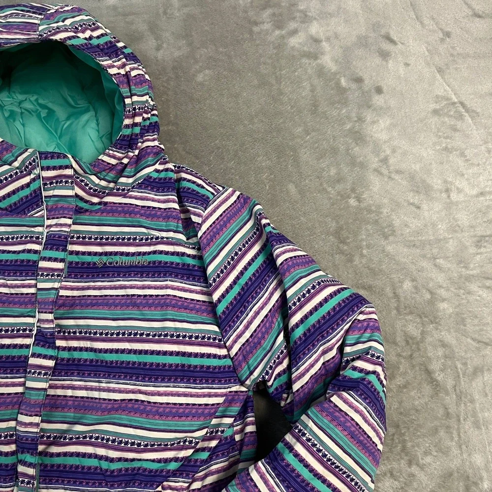 Columbia Girls Purple Teal Striped Insulated Puffer Winter Jacket Hooded L 14/16
